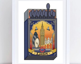 London Sunset Matchbox Print by Sofia Barton. Vintage design. From A4.