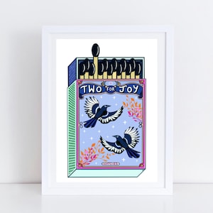 Two for Joy Magpie Matchbox Print: Sofia Barton Signed Limited Edition. Autumn Folk Art.