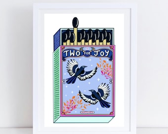 Two for Joy Magpie Matchbox Print: Sofia Barton Signed Limited Edition. Autumn Folk Art.