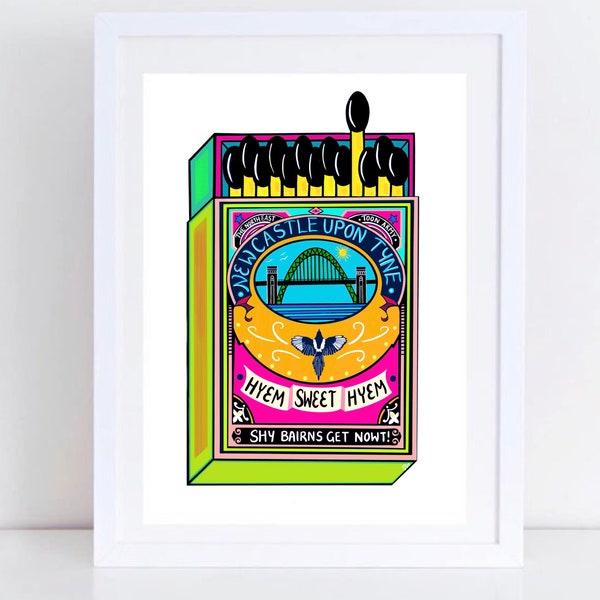 Newcastle Tyne Bridge Art Print: Vintage Geordie Matchbox Design