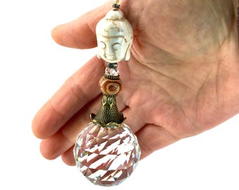 Crystal Sun Catcher: Gemstone Buddha, Czech Glass Beads, Rainbow Maker