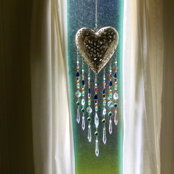 Handcrafted Heart-Shaped Lantern Chandelier, Bohemian Beaded, Sun Catcher Prism, Gemstones, Romantic Decor, Unique Gift, 2 Dirty Birds