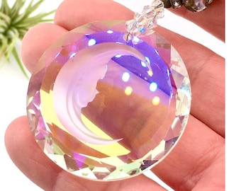 Crescent Moon Face Celestial Suncatcher: Crystal Prism Window Hanging