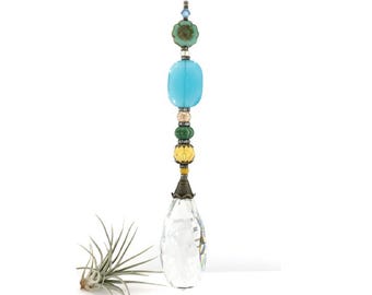 Large, Elegant Crystal Sun Catcher: Chalcedony, Howlite, Jade and Czech Beads, Rainbow Maker Prism