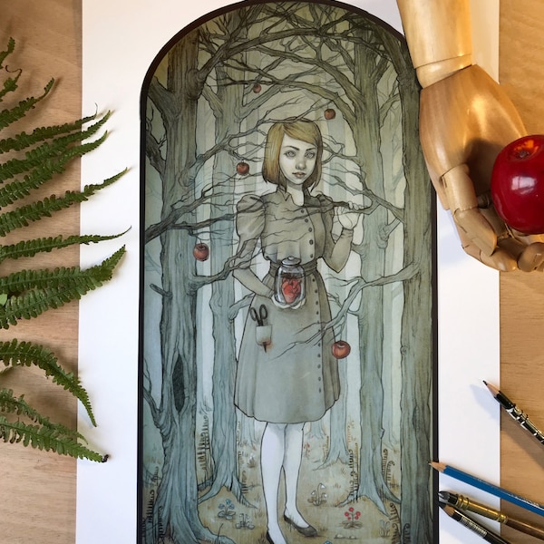 reroduction de l' illustration  "dans les bois "/ Blanche neige / conte de fées de Valérie Lenoir