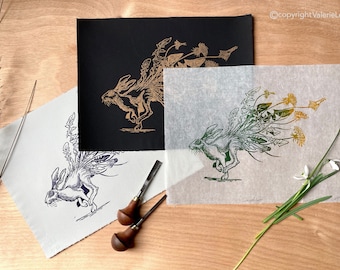 Linogravure « lapin/ lievre/ dandelion/pissenlit » impression fait main originale