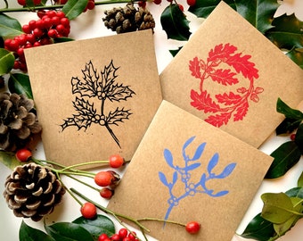 3 Greeting cards in linocut Valérie Lenoir Oak, mistletoe and holly.