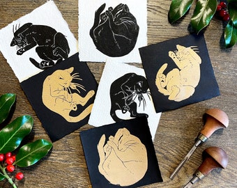 set of 3 linocuts "three cats"