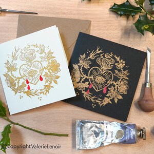 Greeting card, linocut, ex voto, sacred heart gold on white, “tears”, valerie lenoir