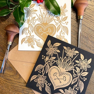 Greeting card, linocut, ex voto, sacred heart gold on white, “the keys”, valerie lenoir