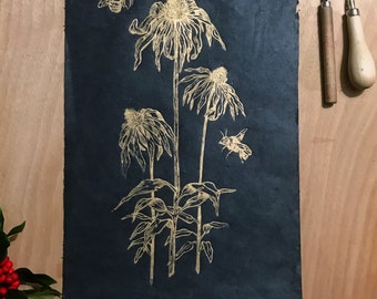 Linogravure « echinacea « or sur noir de valérie Lenoir