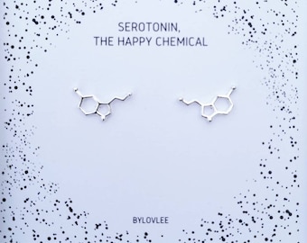 Kolczyki z cząsteczkami serotoniny, kolczyki ze srebra próby 925, prezent z neurobiologii, biżuteria chemiczna, The Happy Chemical