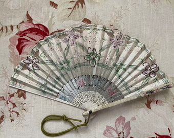 Vintage Paper Fan, Antique Silver Embellished Paper, Hand Painted