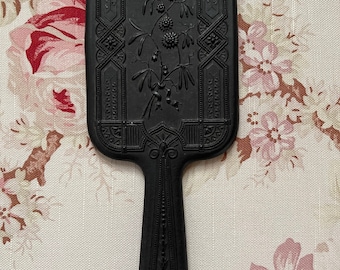 Antique Black Diatite Hand Mirror with floral design - 19th Century