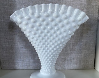 Vintage Fenton White Milk Glass Hobnail Fan Vase Footed Crimped Edge 8"