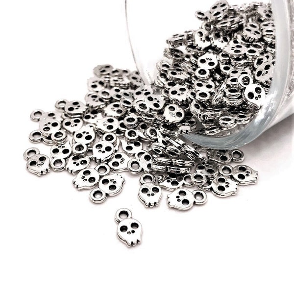 4, 20 or 50 BULK Small Silver Skull Charms, Tiny Skeleton, Halloween, 5x8mm | Ships Immediately from USA | AS524