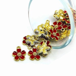 4, 20 or 50 BULK Small Red and Gold Flower Charms Charm, Small Daisy, Enamel Floral | Ships Immediately from USA | RD1062