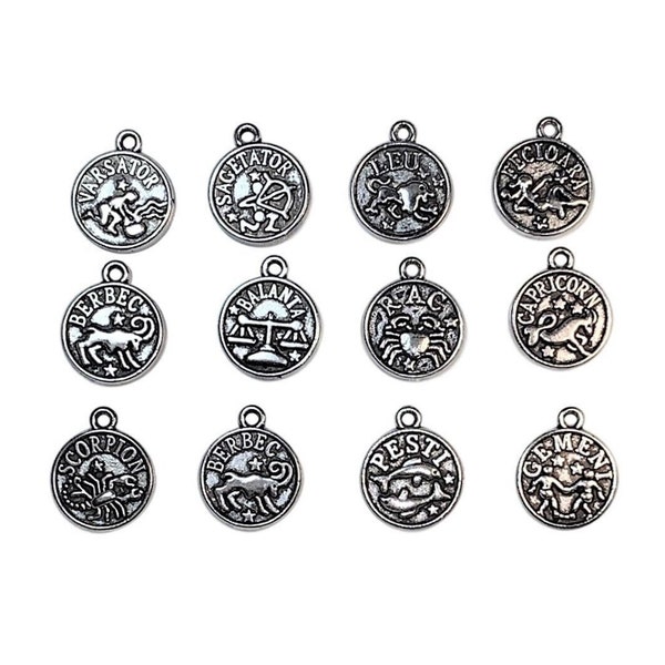 12 or 60 BULK Tiny Zodiac Character Charms, Astrology, Birth Sign, Double Sided Silver, Constellation, Coin | Ready to Ship from USA | AS144