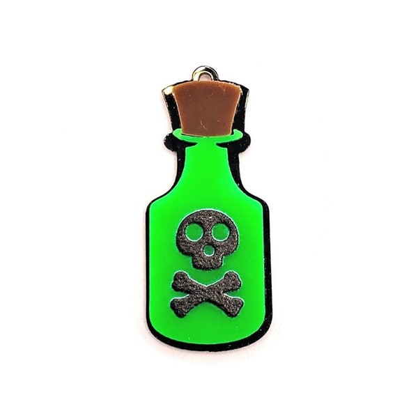 1, 4 or 20 BULK Green Poison Bottle Pendants, Skull and Bones, Acrylic Pendant | Ships Immediately from USA | GR1571