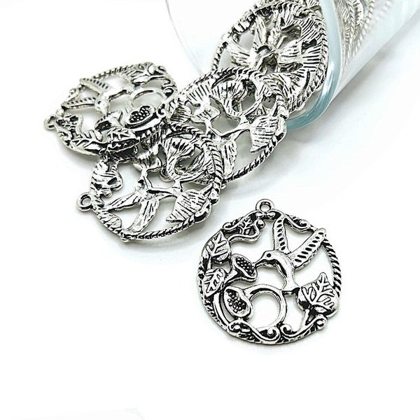 4, 20 or 50 BULK Silver Hummingbird charm pendant, Round humming bird, Hummer Bird | Ships Immediately from USA | AS953