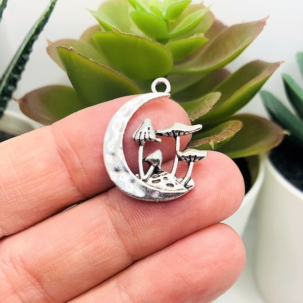 1, 4, 20 or 50 BULK Silver Mushroom Pendant on Crescent Moon, Toadstool Charm, Fairy, Forest Charm, Shrooms | Ready to Ship USA | AS1481