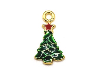 5 x Silver Plated Rhinestone Green Enamel Christmas tree charm pendants 26mm