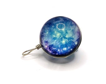 2 Galaxy Nebula Charms, Wire Wrapped Glass Ball, Space Pendant, Double Sided, Blue Stars, 28x20mm | Ships Immediately from USA | MC723