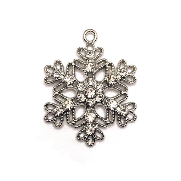 4 or 20 BULK Silver and Rhinestone Snowflake Charms, Winter Charm, Christmas, Holidays, 32x40mm | Ships Immediately from USA | AS083