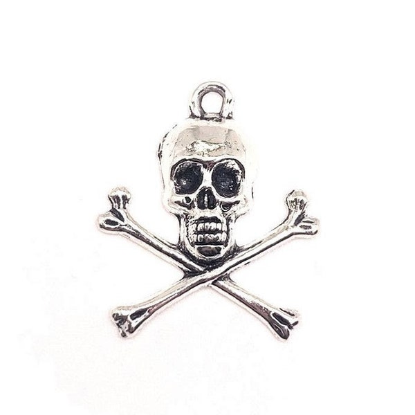 4, 20 or 50 BULK Silver Skull and Crossbones, Pirates Skull and Cross Bones, Jolly Roger, 21x24mm | Ships Immediately from USA | AS1318