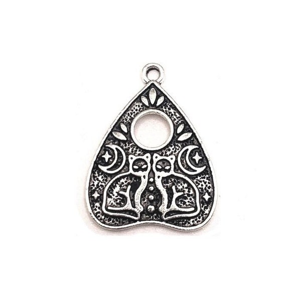 1, 4, 20 or 50 BULK Pieces Silver Toned Ouija Planchette Charm with Cats, Halloween Pendant | Ships Immediately from USA | AS1496