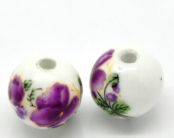 20x Brown White Round Floral Flower Print Porcelain Ceramic Beads