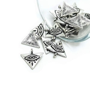 1, 4, 20 or 50 BULK Silver Triangle Evil Eye Charms, 14mm | Ships Immediately from USA | AS1197