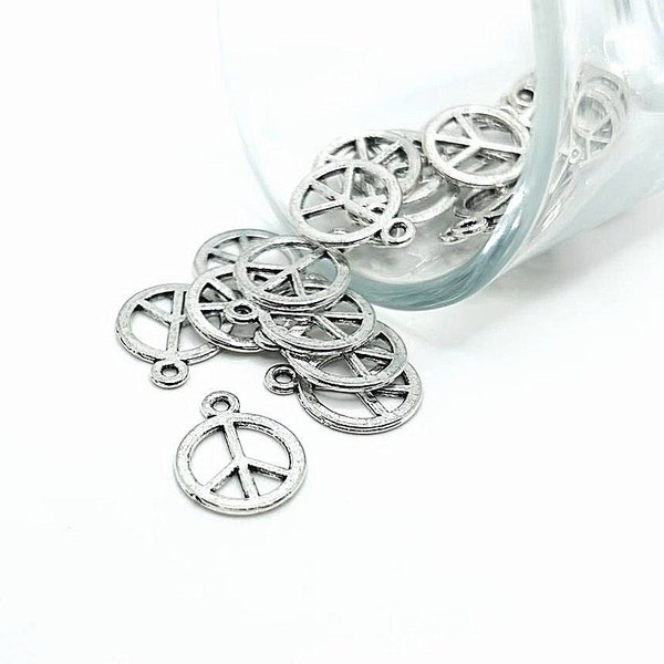 4, 20 or 50 BULK Silver Peace Sign Charms, Hippie Charm, Peace Pendant, 14 x 18 mm | Ships Immediately from USA | AS933