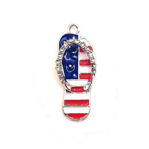 4, 20 or 50 BULK Red White and Blue Rhinestone Flip Flop Charms, Sandal Charm, 4th of July, Beach, | Ships Immediately from USA | EN1321