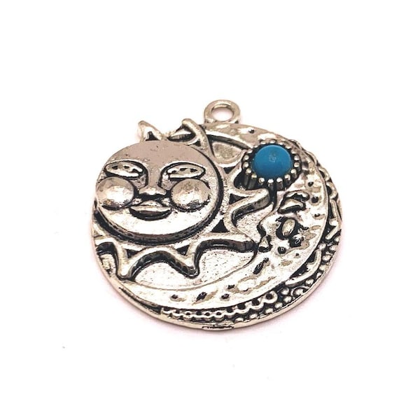4, 20 or 50 BULK Sun and Moon Charms, Sun Coin, Faux Turquoise, Sun Charm | Ships Immediately from USA | AS788