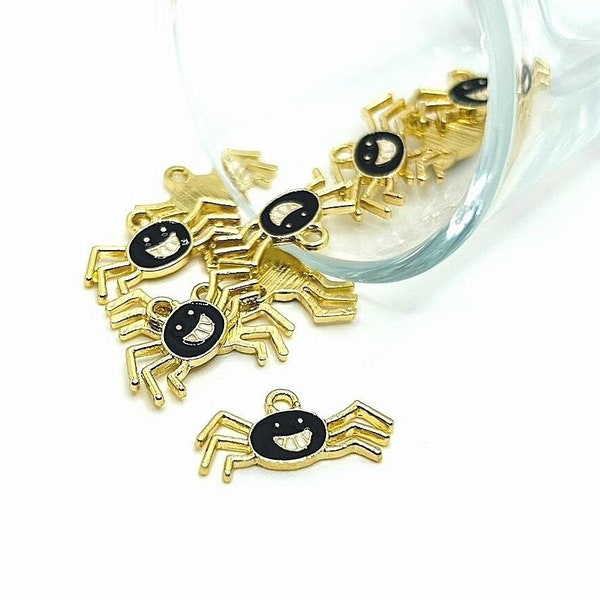 4, 20 or 50 BULK Black Enamel Spider Charms, Cute Spider, Gold Plated Halloween, 10x22 mm | Ships Immediately from USA | BK906