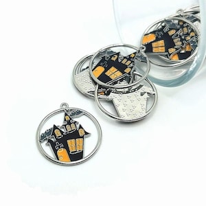 1, 4, 20 or 50 BULK Enamel Haunted House Charms in circle, Halloween, Goth, Trick or Treat| Ships Immediately from USA | EN1335