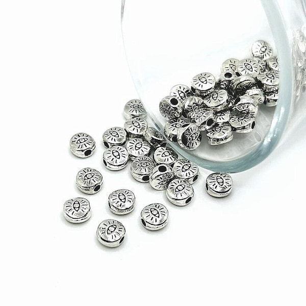 4, 20 or 50 BULK Silver Small Evil Eye Spacer Bead Charms, Double sided, 6 mm| Ships Immediately from USA | AS965