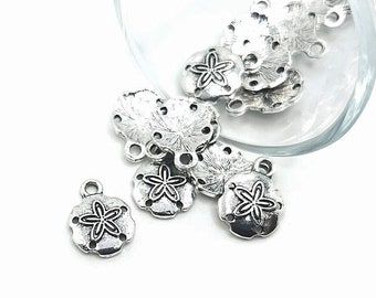 4, 20 or 50 BULK Silver Sand Dollar Charms, Shell Charm, Sea Star, Ocean, Beach, 11x16mm | Ships Immediately from USA | AS1098