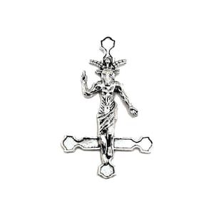 1, 4 or 20 BULK Large Antique Silver Enamel Inverted Upside Down Cross with Baphomet, Satanic, Halloween | Ships Immediately USA | AS1358