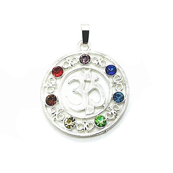 1, 4 or 20 BULK Om Pendant with Chakra rhinestones, Silver plated Ohm pendant | Ships Immediately from USA | SL992