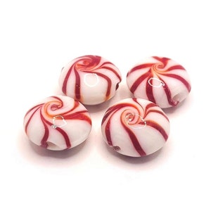 4, 20 or 50 BULK Glass Red and White Mint Candy Lamp work Bead Charms, 17mm | Ships Immediately from USA | RD1323