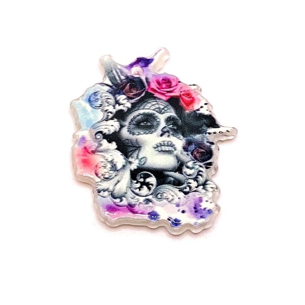 1, 4 or 20 BULK Pink and Purple Sugar Skull Pendant, Halloween, Dia De Los Muertos, Double Sided | Ships Immediately from USA | PK1574