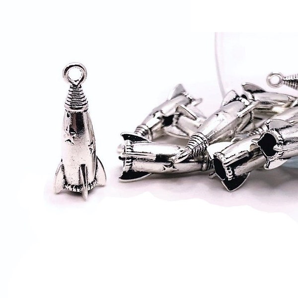 1, 4, 20 or 50 BULK Silver 3D Rocket Ship Charms, Space Charm, Ship Pendant, Double Sided | Ships Immediately from USA | AS1556