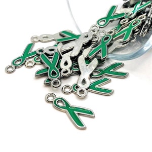 4, 20 or 50 BULK Small Green Ribbon Charms, Mental Health Charm, Awareness Ribbon Charm, 20x9mm | Ships Immediately from USA | GR067