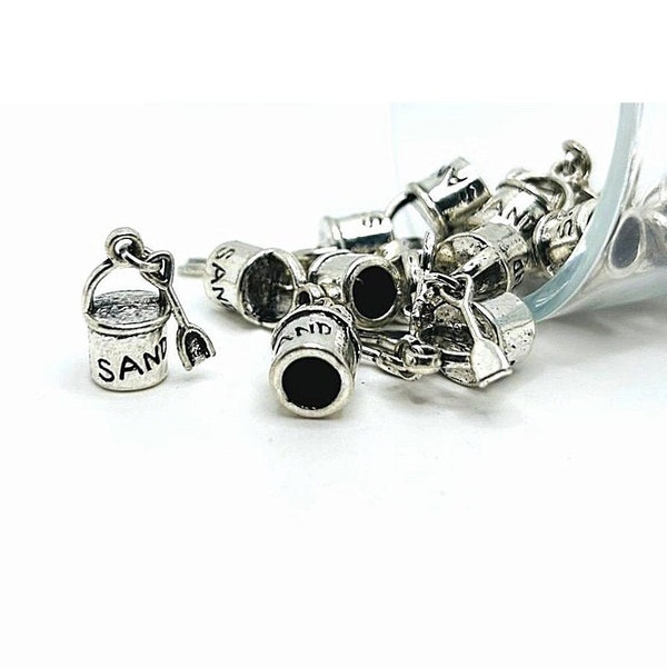 4, 20 or 50 BULK Sand Pail Charms, Silver Beach Charm, Bucket and Shovel Vacation, 3D, 30x8mm | Ships Immediately from USA | AS131