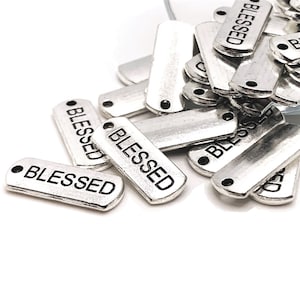 4, 20 or 50 BULK Blessed Bar Tags, Antique Silver Word Charm, 21x8mm | Ships Immediately from USA | AS158