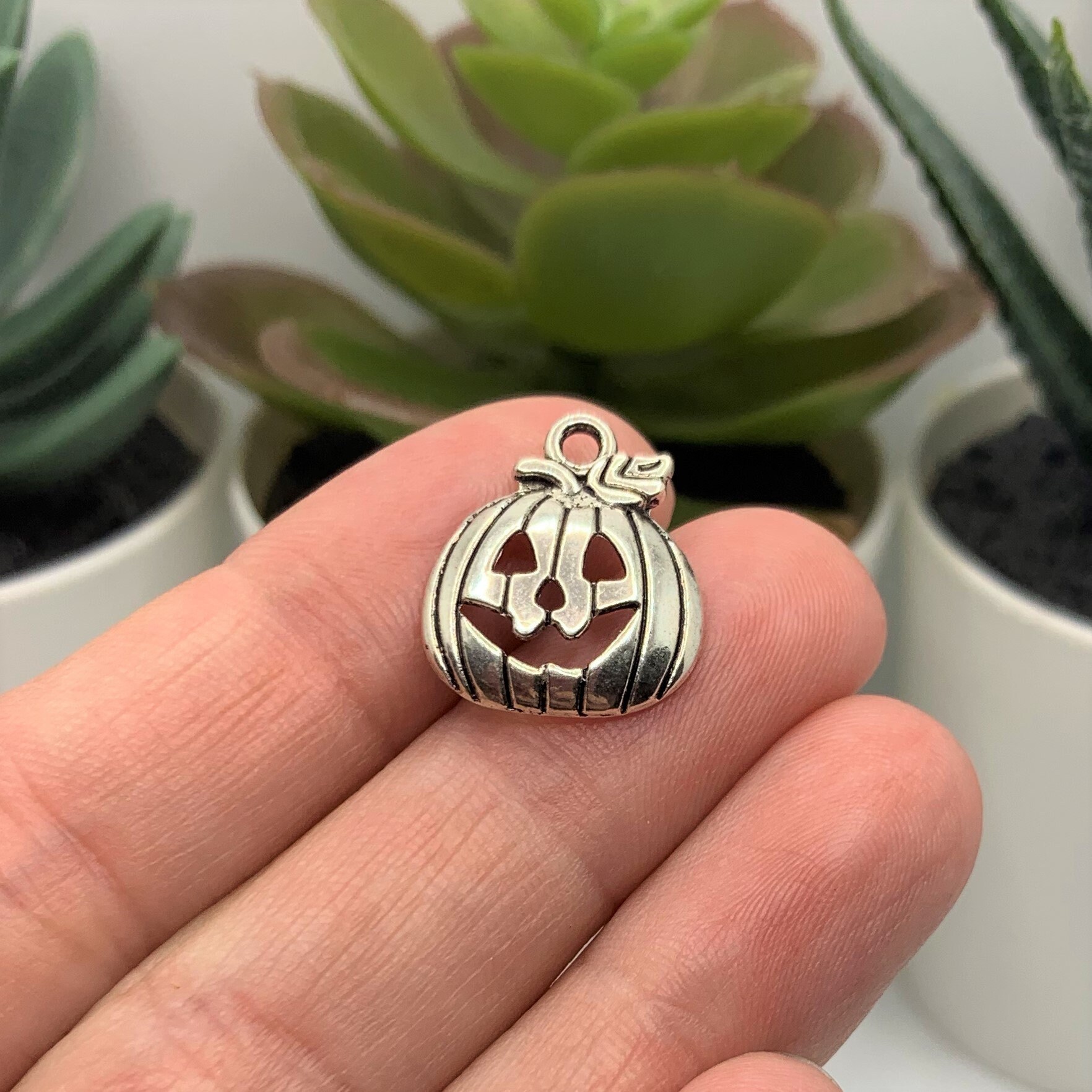 4, 20 or 50 BULK Silver Jack O Lantern Charms, Pumpkin Charm, Halloween ...