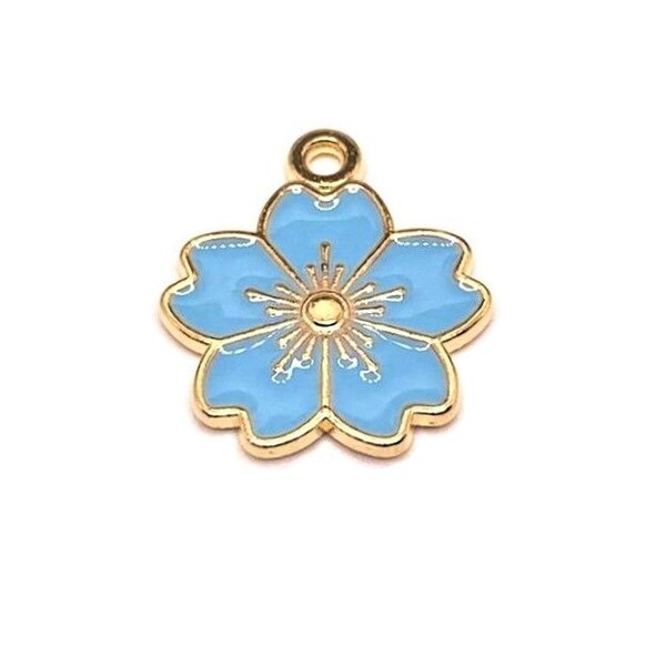 4, 20 or 50 BULK Light Blue and Gold Flower Charms Charm, Small Daisy, Enamel Floral | Ships Immediately from USA | LB1307