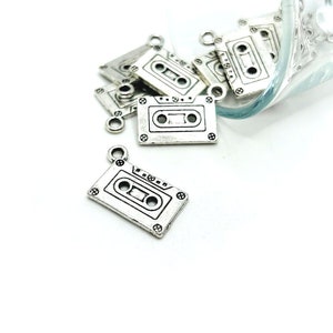 4, 20, or 50 BULK Silver Cassette Charms, Music Charm, Music Tape, Double Sided,  13x27 mm | Ships Immediately from USA | AS776
